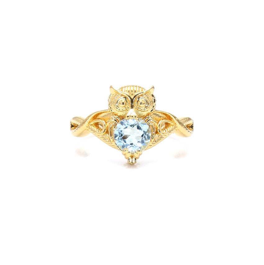 Blue Topaz Owl Ring 1.04 Carats Gold Plated Silver