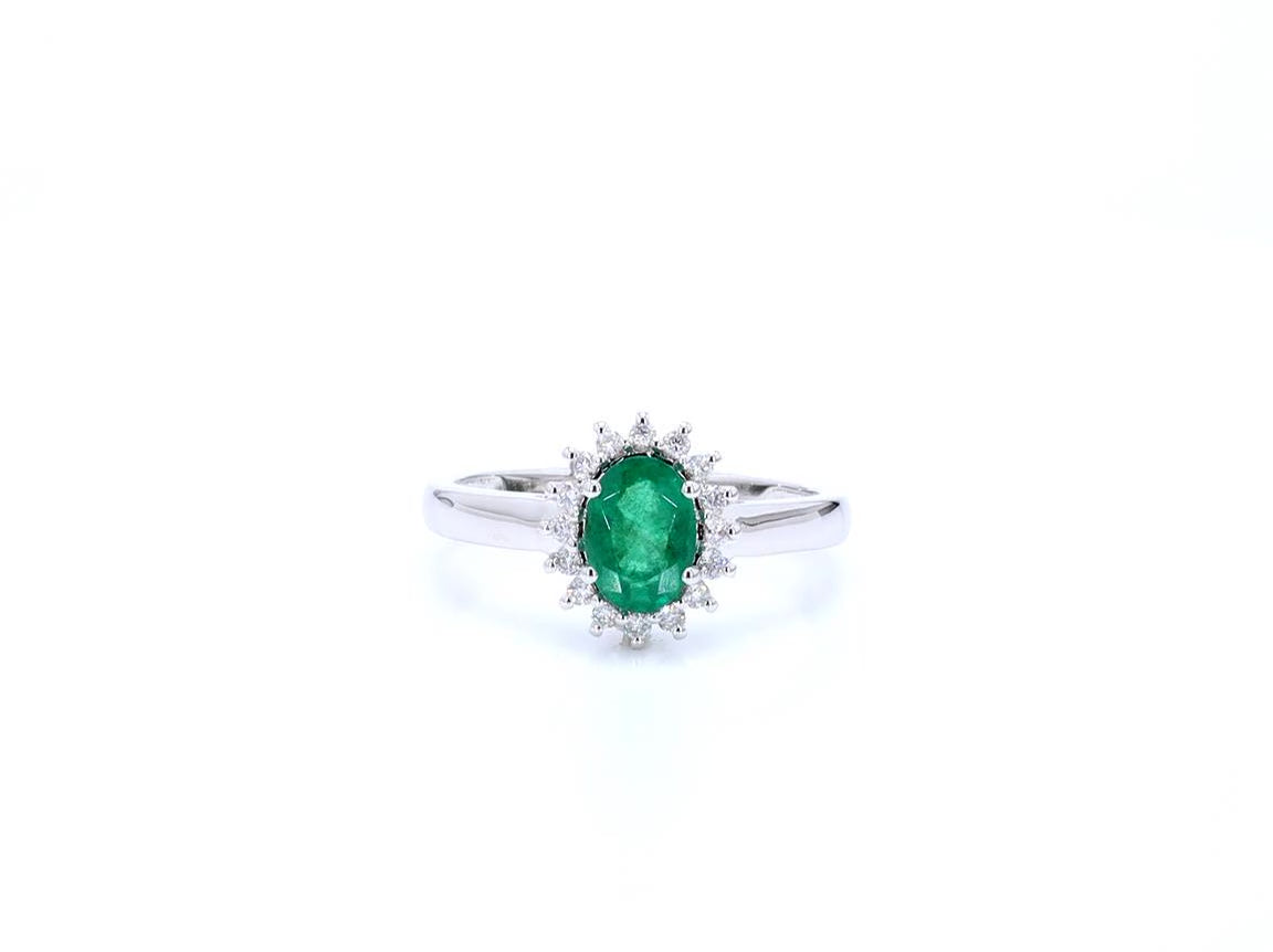 Zambian Emerald Ring With Diamonds 0.82 Carats 14K White Gold