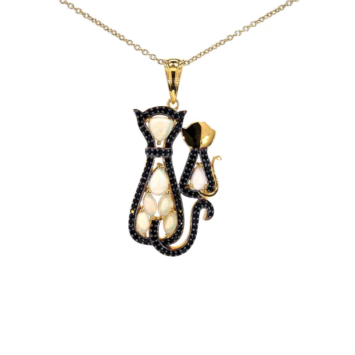 Ethiopian Opal Cat Pendant With Black Spinel 1.82 Carats Gold Plated Silver