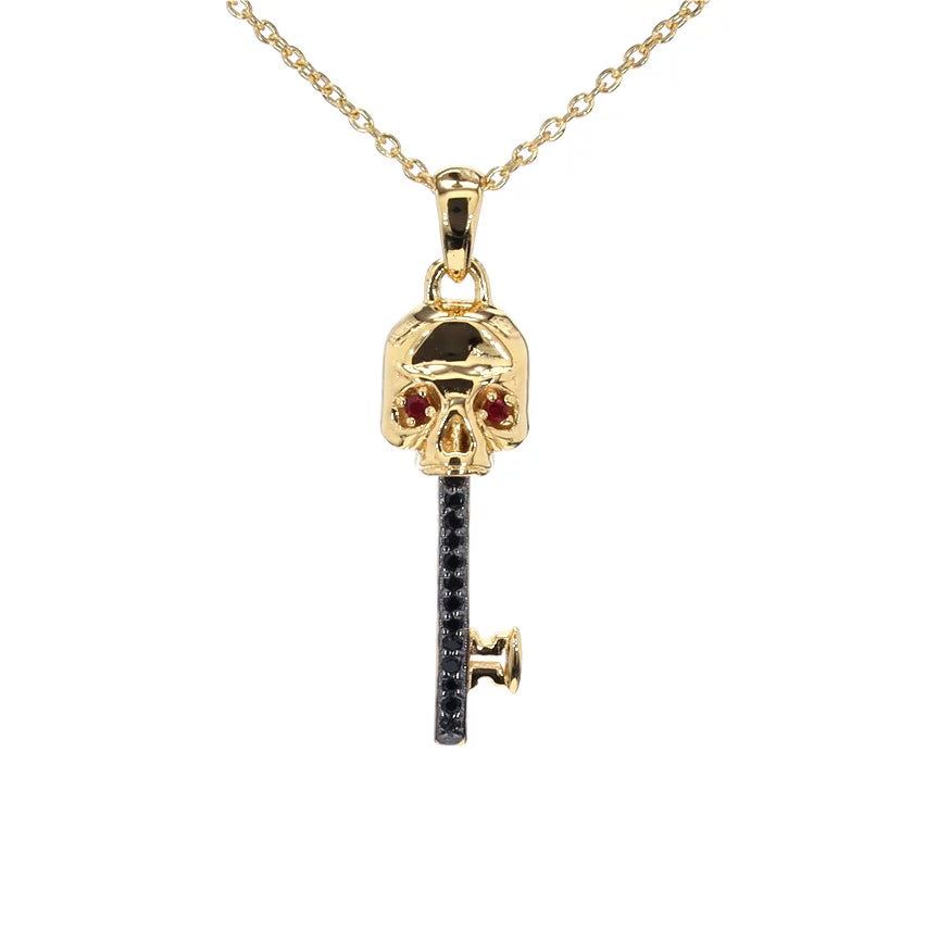 Ruby Skull Key Pendant With Black Spinel 0.1 Carats Gold Plated Silver