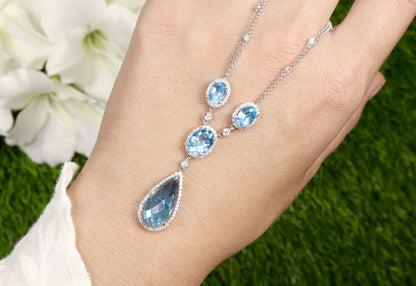 Elongated Pear Shaped Blue Topaz Necklace With Diamonds 11.8 Carats