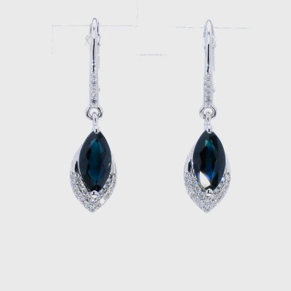 Blue Sapphire Dangle Earrings Diamonds 2.7 Carats 14K White Gold