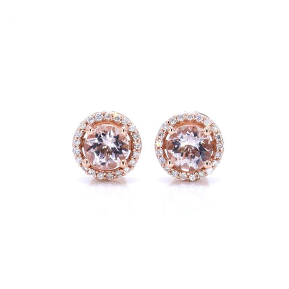 Morganite Stud Earrings With Diamonds 0.9 Carats 14K Rose Gold