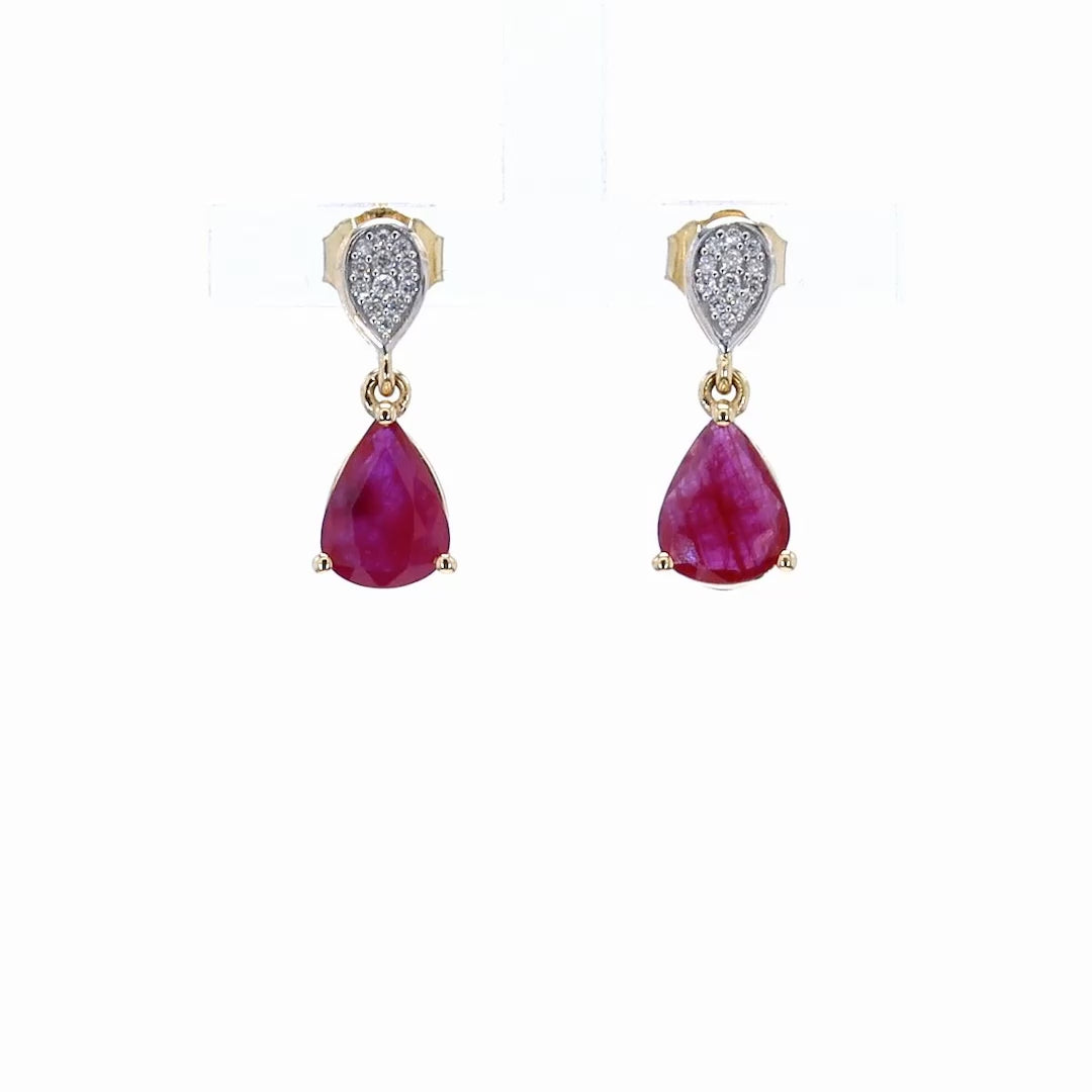 Ruby Teardrop Earrings Diamonds 2.4 Carats 14K Yellow Gold