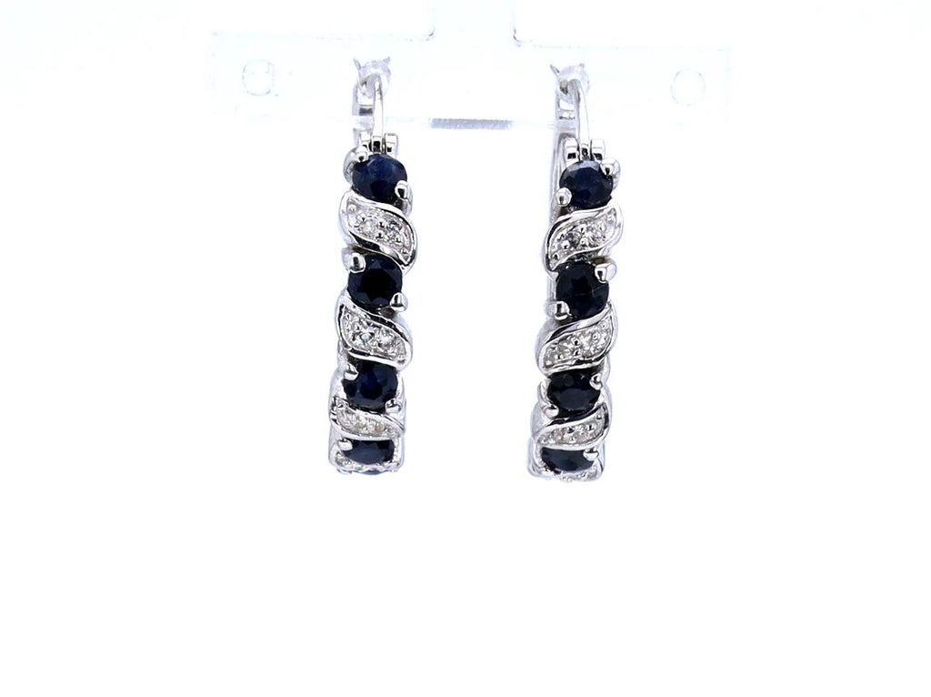 Blue Sapphire Hoop Earrings With White Topaz 1.24 Carats Sterling Silver