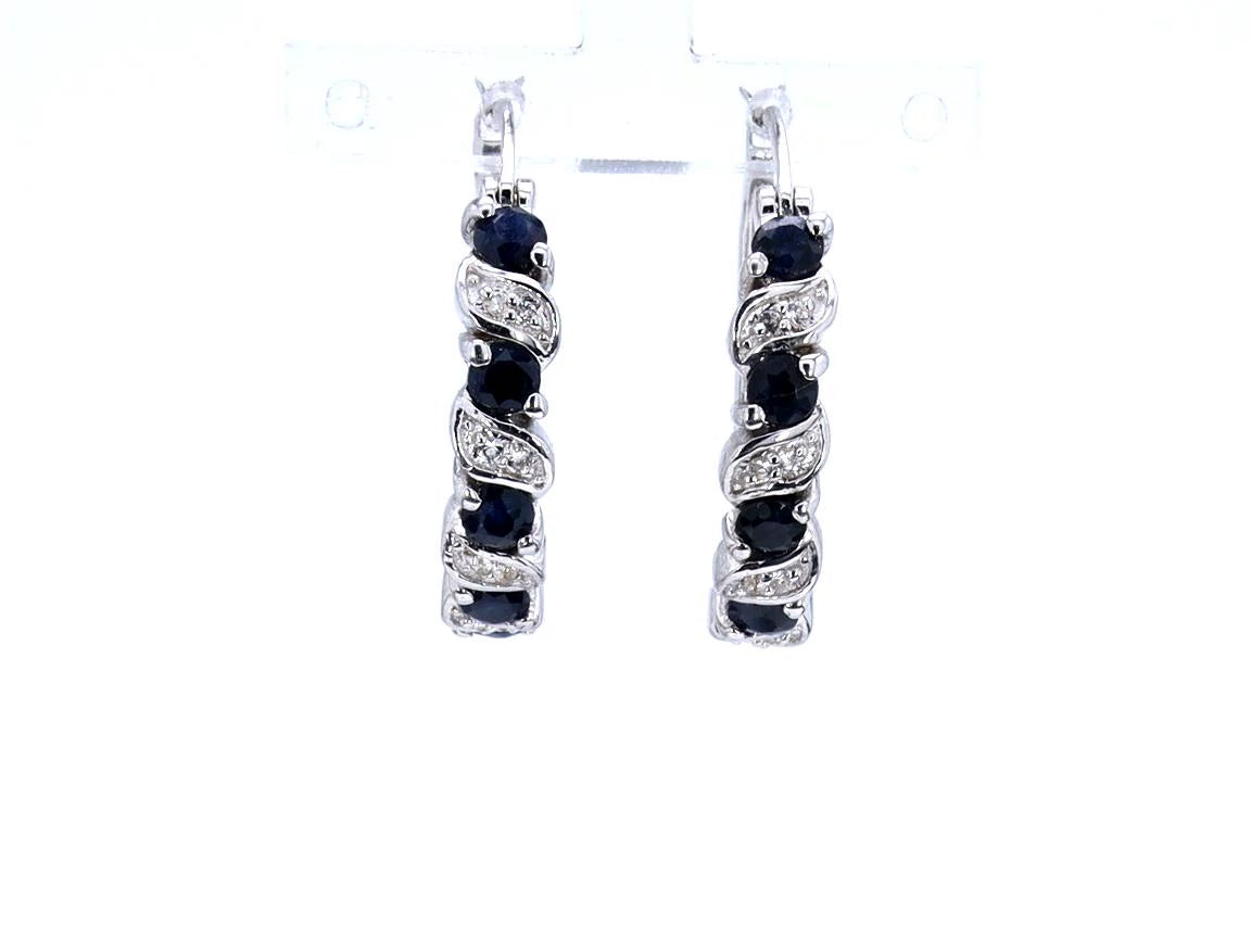 Blue Sapphire Hoop Earrings With White Topaz 1.24 Carats Sterling Silver