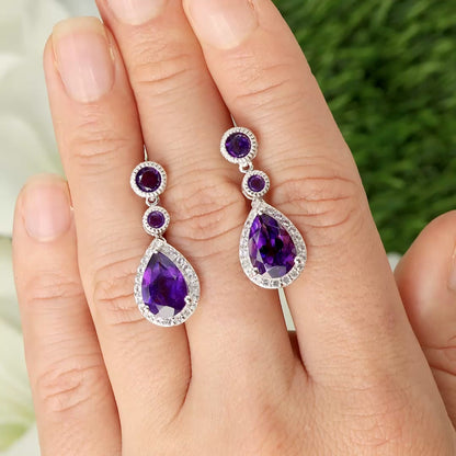Amethyst Dangle Earrings White Topaz 6.98 Carats 18K White Gold Plated Silver