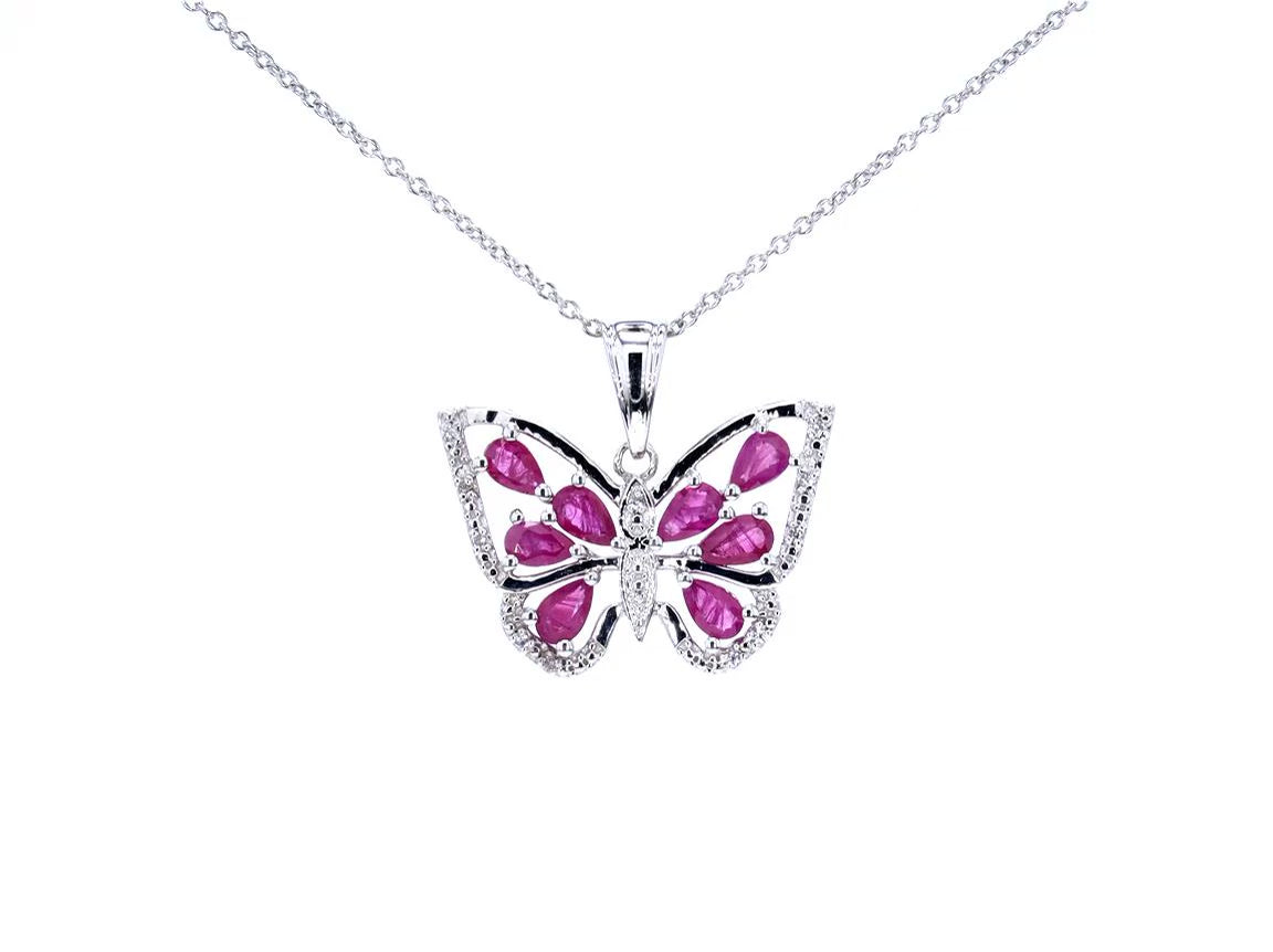 Ruby Butterfly Pendant White Zircon 2.02 Carats Gold Plated Silver