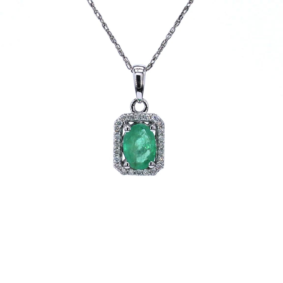 Zambian Emerald Pendant With Diamonds 0.8 Carats 10K White Gold