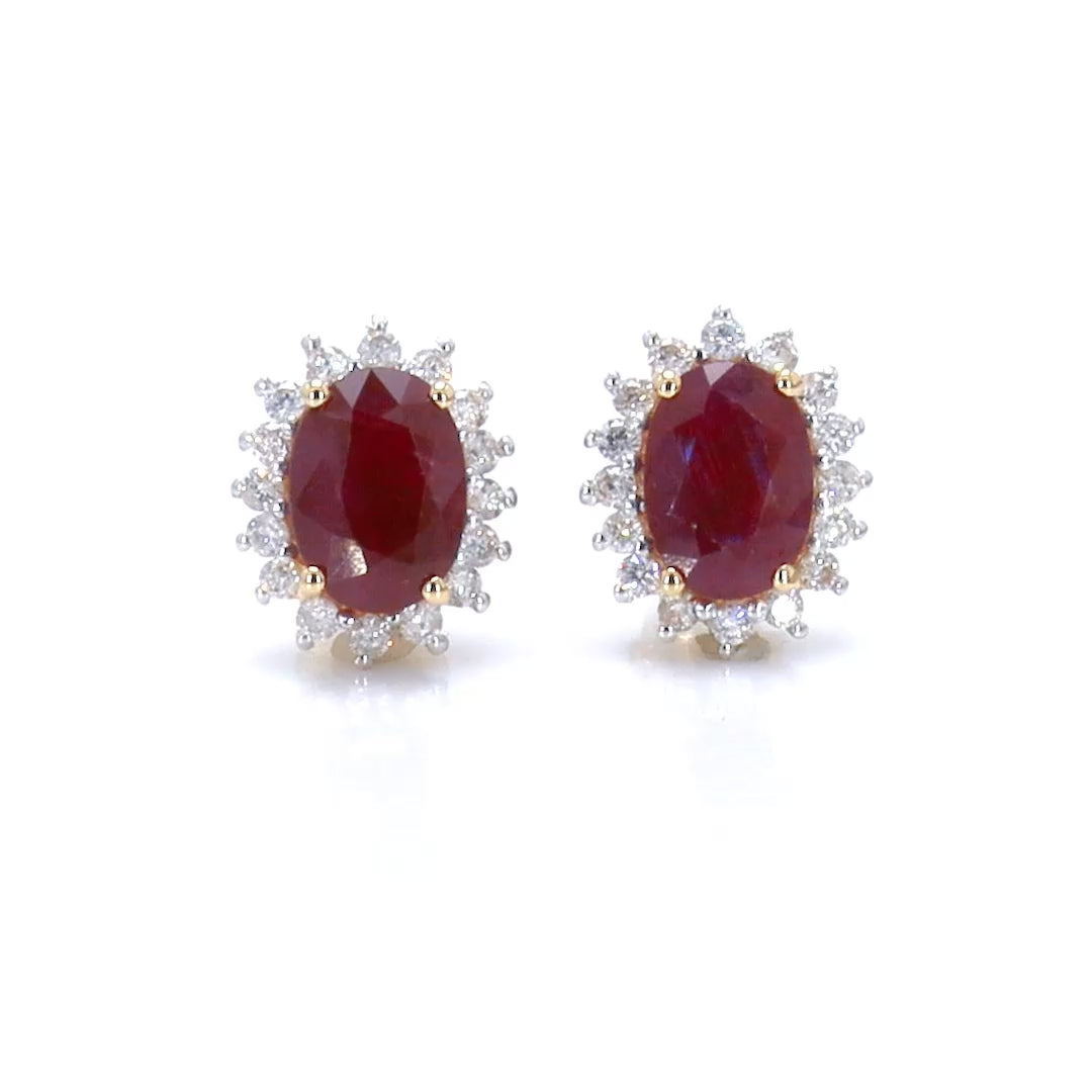 Ruby Earrings Halo Diamonds 2 Carats 14K Yellow Gold