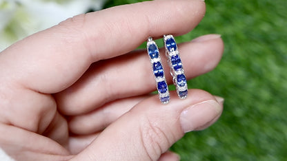 Blue Sapphire and Diamond Hoop Earrings 2.75 Carats 18K White Gold