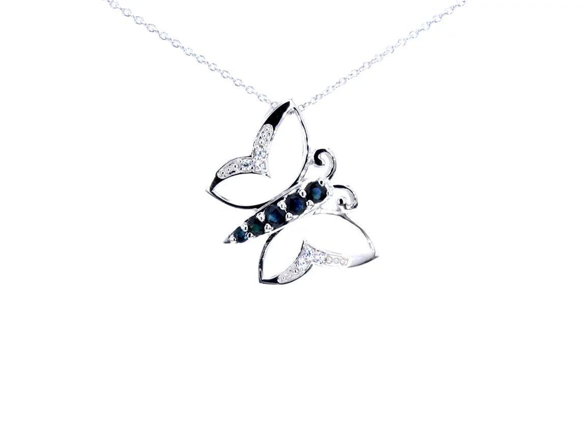 Blue Sapphire Butterfly Necklace With White Zircon 0.5 Carats Sterling Silver