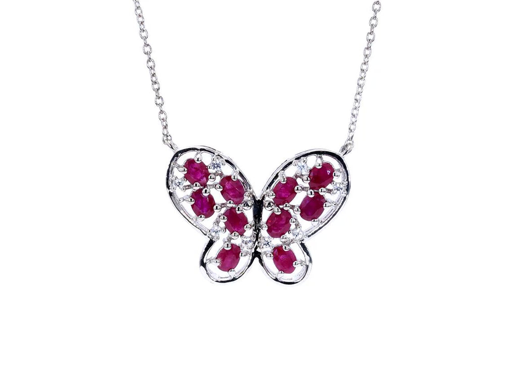 Ruby Butterfly Necklace With White Zircon 2.32 Carats Sterling Silver