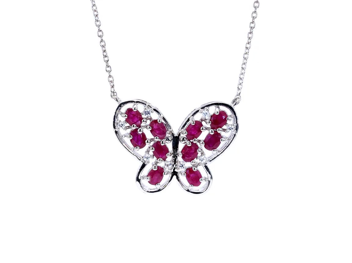 Ruby Butterfly Necklace With White Zircon 2.32 Carats Sterling Silver