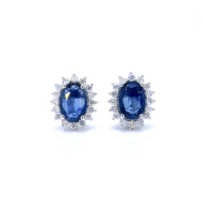 Blue Sapphire Earrings Halo Diamonds 2.2 Carats 14K White Gold