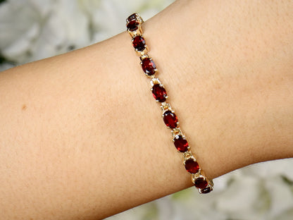 Natural Red Garnet Tennis Bracelet 11 Carats 14K Yellow Gold Plated Silver