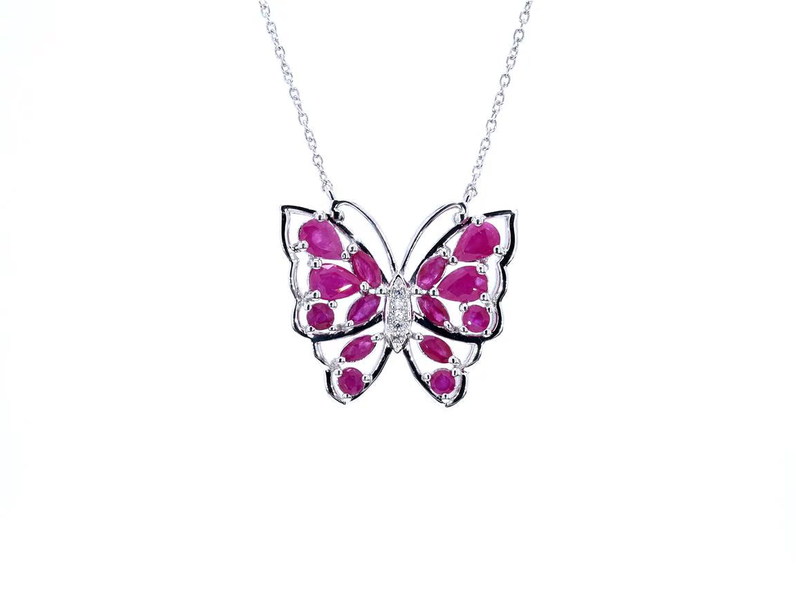 Ruby Butterfly Necklace With White Zircon 2.8 Carats Sterling Silver