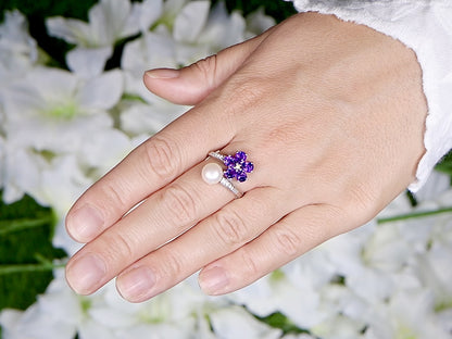 Amethyst and Pearl Bypass Flower Ring With White Zircons