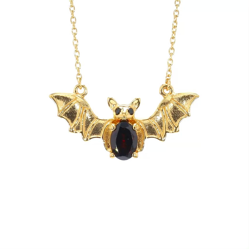 Garnet Bat Necklace With Black Spinel 1.06 Carats Gold Plated Silver