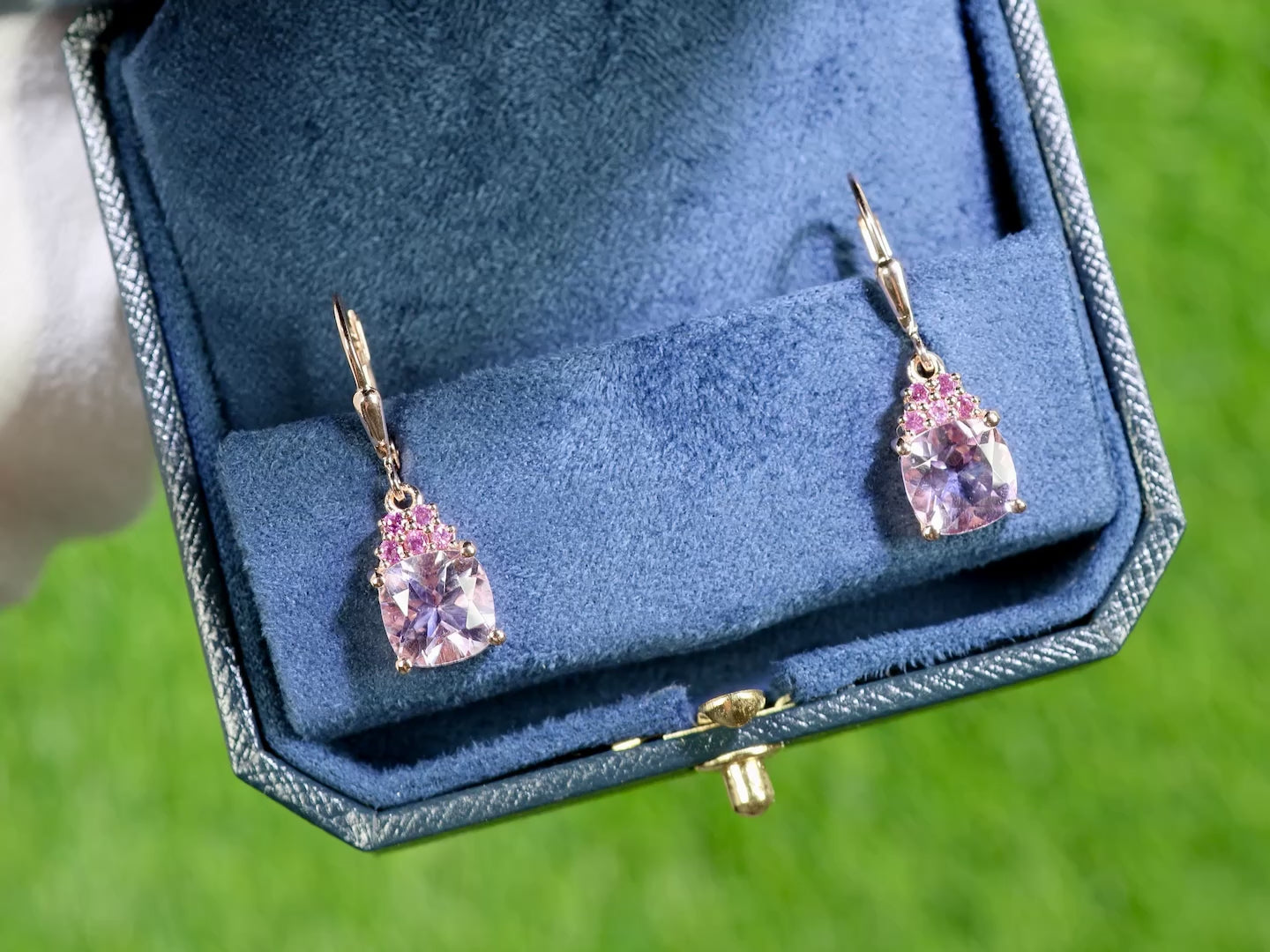 Pink Amethyst Dangle Earrings With Rhodolites 4.90 Carats Rose Gold Plated