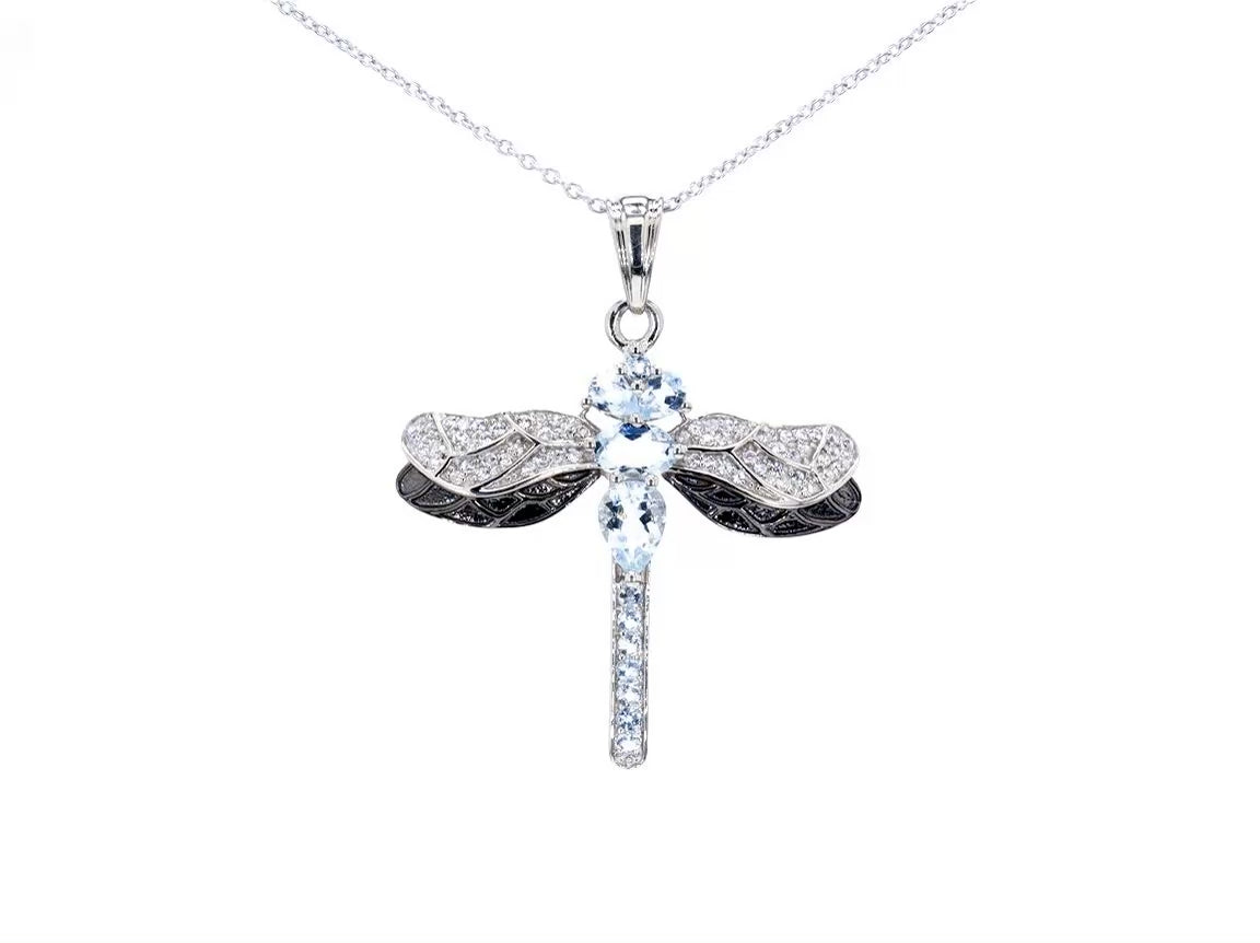 Aquamarine Dragonfly Pendant With White Zircon 1.76 Carats Sterling Silver