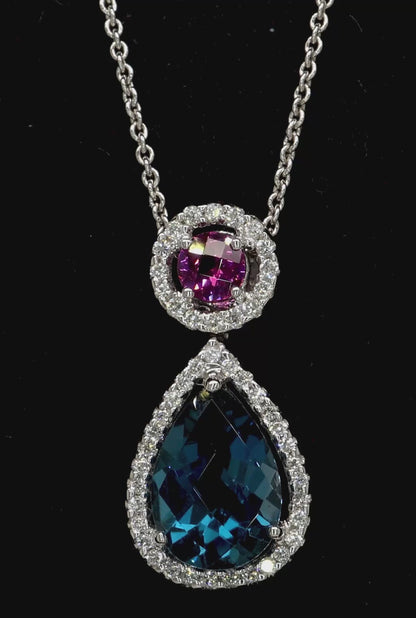 London Blue Topaz Pendant Necklace Rhodolite Diamonds 2.9 Carats 18K White Gold