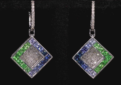 Sapphires and Tsavorites Dangle Earring Diamonds 4.27 Carats 18K White Gold