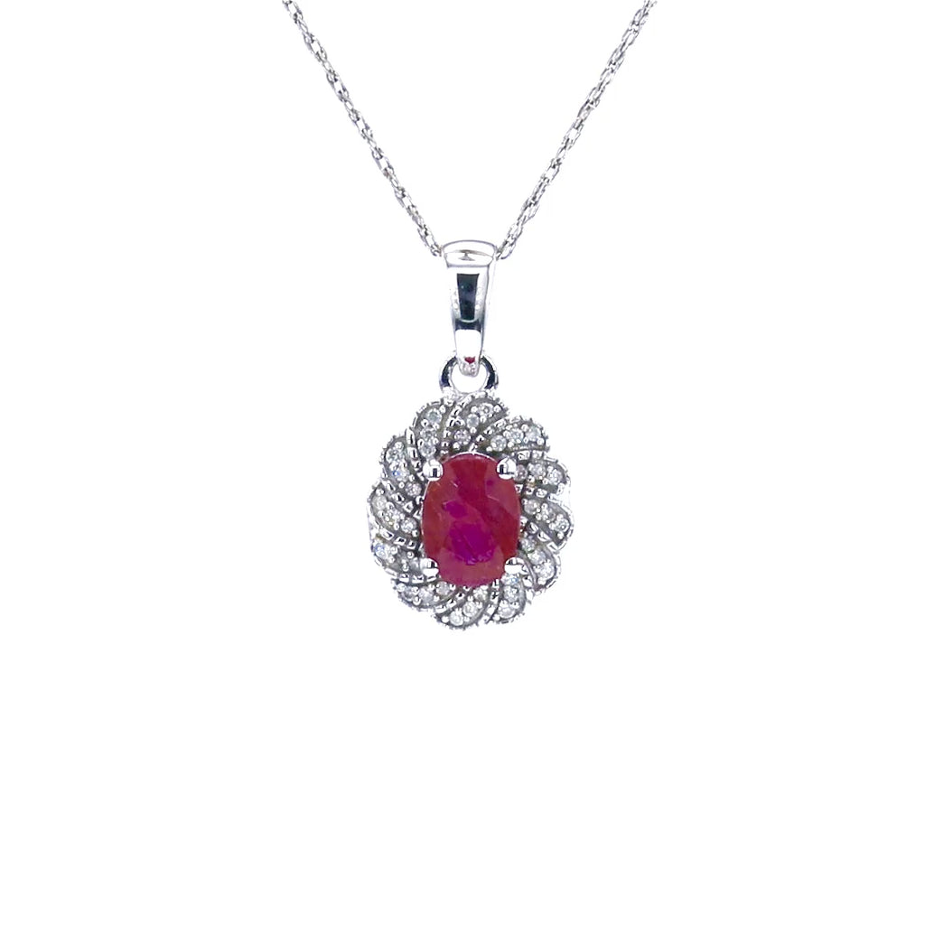 Ruby Floral Pendant With Diamonds 0.92 Carats 10K White Gold