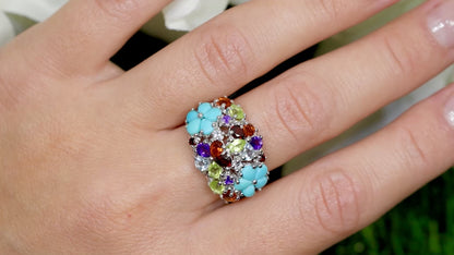 Multicolor Gemstones Cluster Flower Ring 4.06 Carats