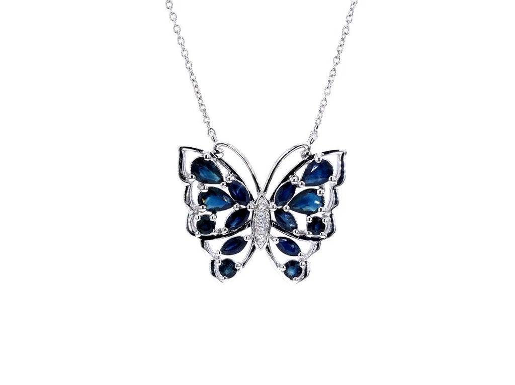 Blue Sapphire Butterfly Necklace With White Zircon 2.86 Carats Sterling Silver
