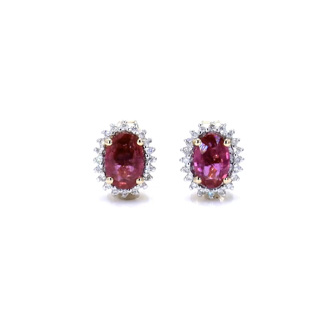 Ruby Halo Stud Earrings Diamonds 1.1 Carats 14K Yellow Gold