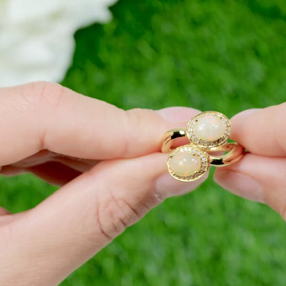 Natural Opal Bypass Ring With Diamonds 1.91 Carats 24K Yellow Gold Plated Silver