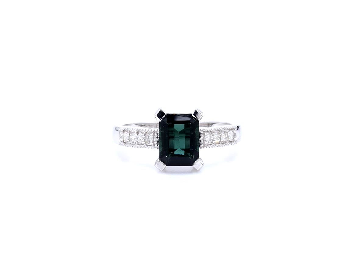 Natural Green Tourmaline Ring With Diamonds 1.88 Carats 14K White Gold