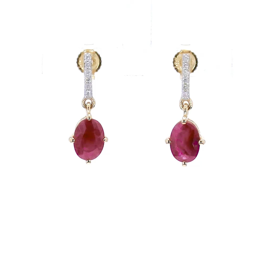 Ruby Dangle Earrings Diamonds 1.74 Carats 10K Yellow Gold