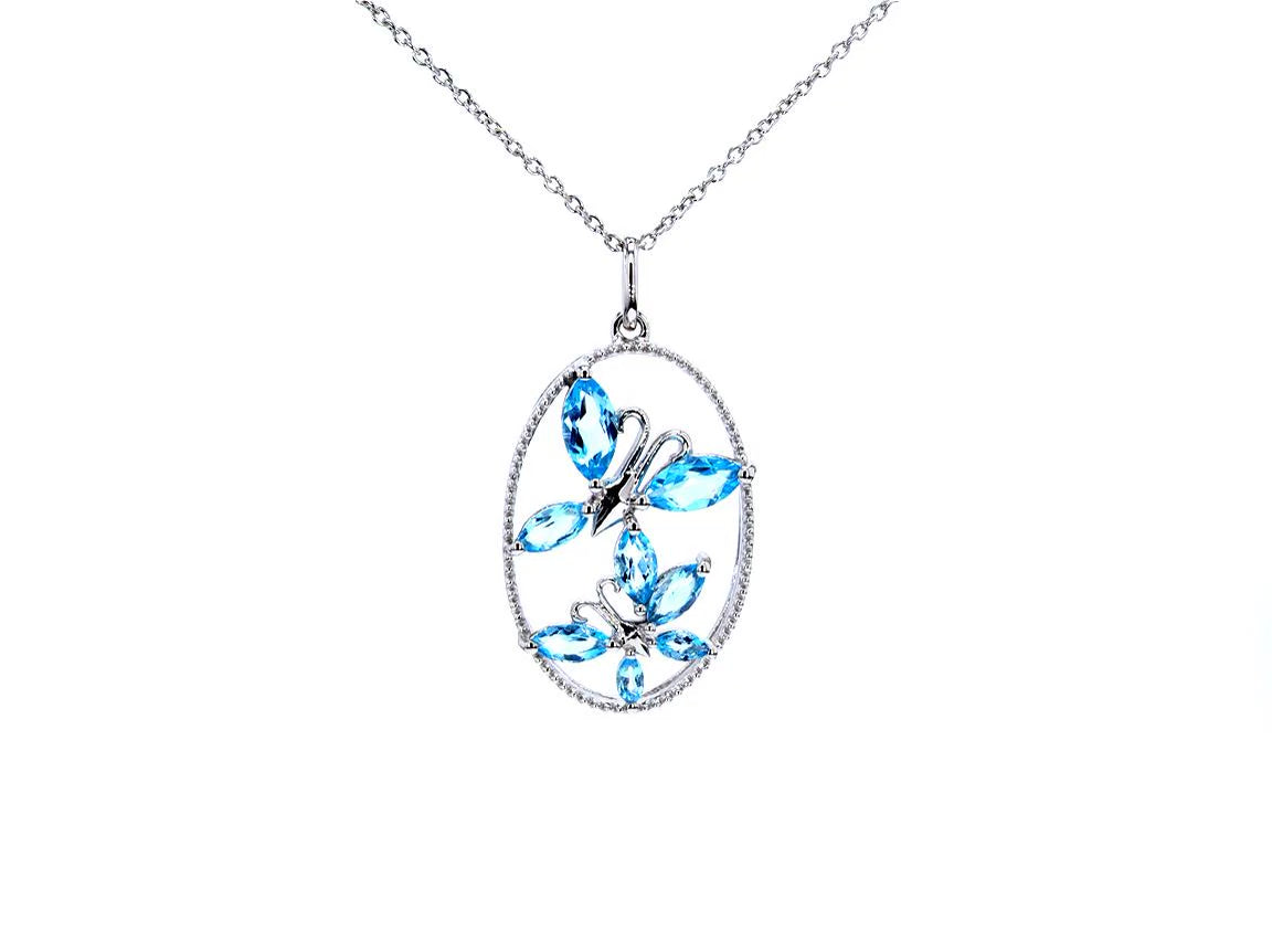 Swiss Blue Topaz Butterfly Pendant 2.62 Carats Sterling Silver