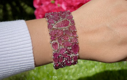 Hand Carved Pink Tourmaline Bracelet Set With Diamonds 82 Carats Total
