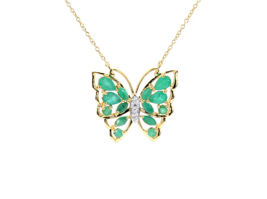 Emerald Butterfly Necklace White Zircon 2.52 Carats Gold Plated Silver