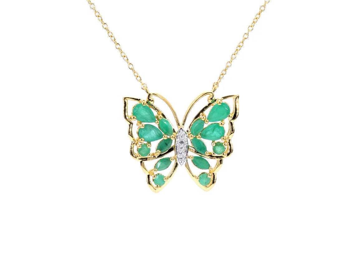 Emerald Butterfly Necklace White Zircon 2.52 Carats Gold Plated Silver