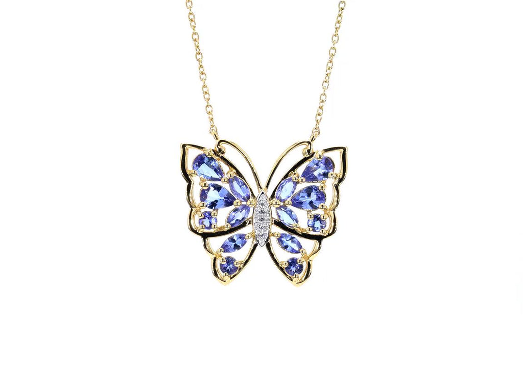 Tanzanite Butterfly Necklace White Zircon 2.68 Carats Gold Plated Silver