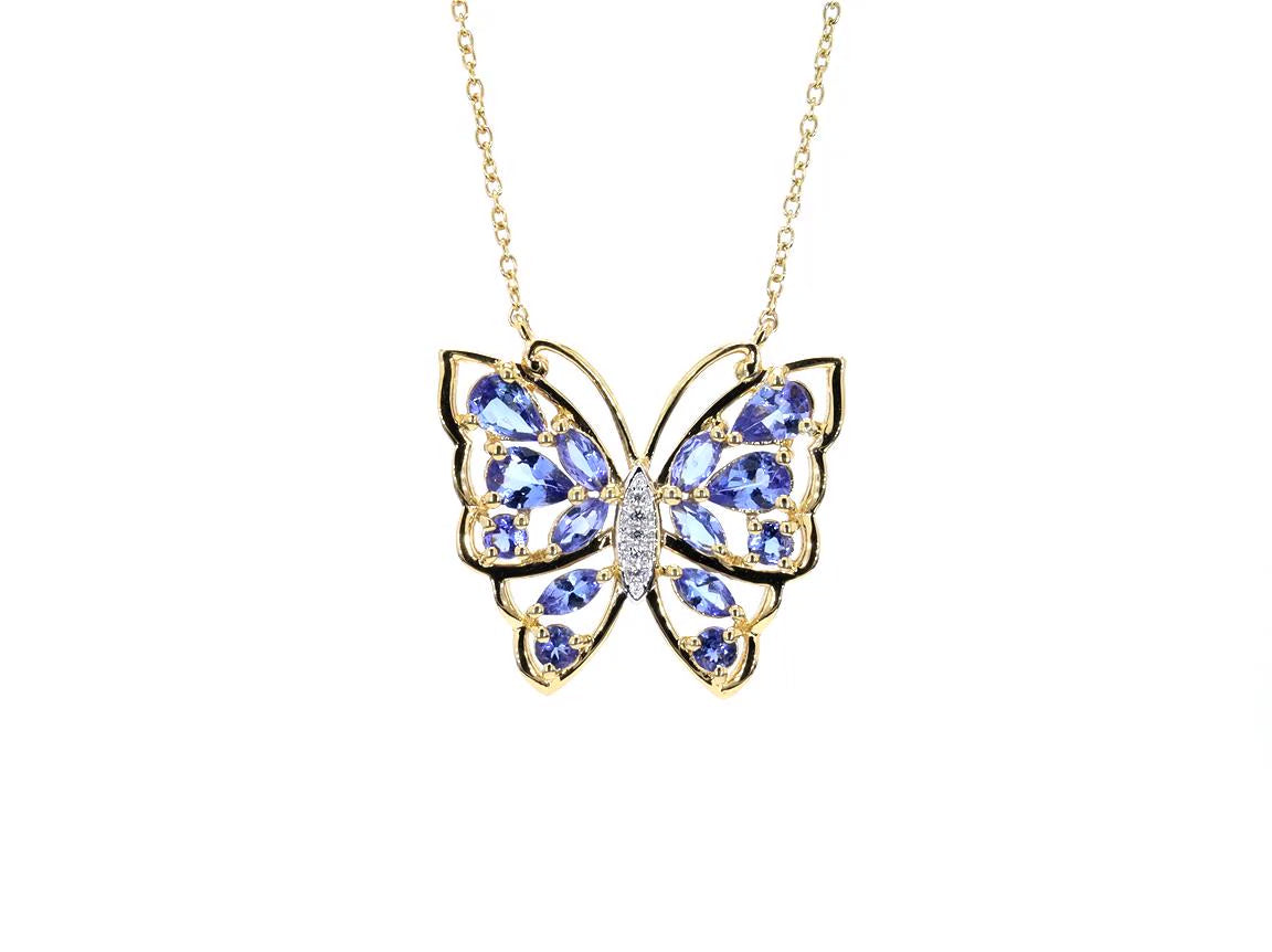 Tanzanite Butterfly Necklace White Zircon 2.68 Carats Gold Plated Silver