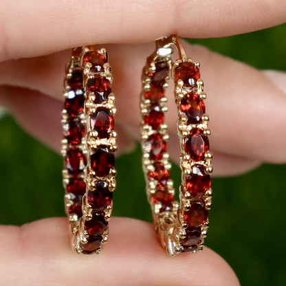 Garnet Hoop Earrings 6 Carats 14K Yellow Gold Plated Silver