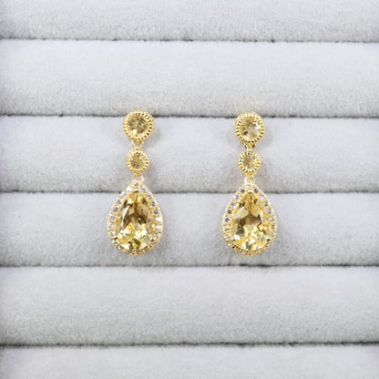 Citrine Dangle Earrings White Topazes 7.06 Carats 24K Yellow Gold Plated Silver