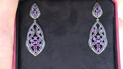 Amethyst Dangle Earrings With Black Spinels 5.74 Carats