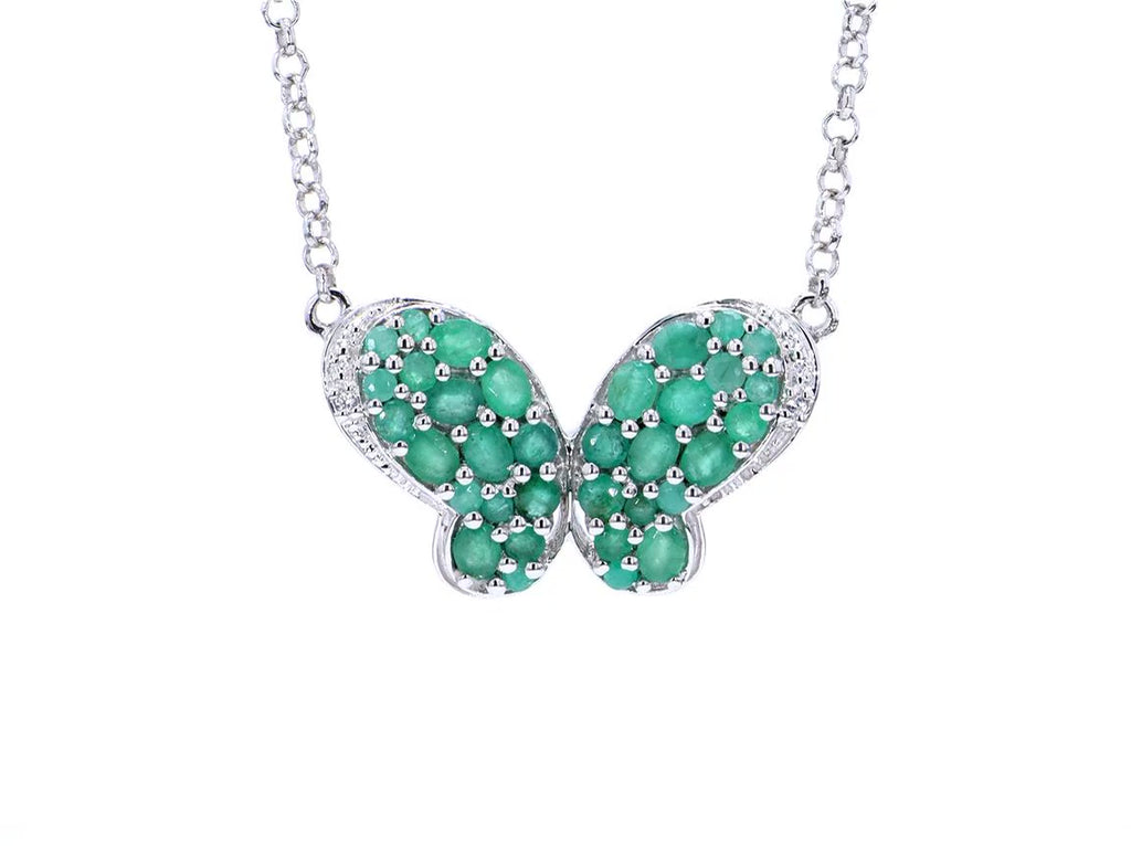 Emerald Butterfly Pendant With White Zircon 2.72 Carats Sterling Silver
