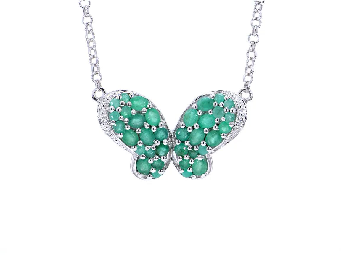 Emerald Butterfly Pendant With White Zircon 2.72 Carats Sterling Silver