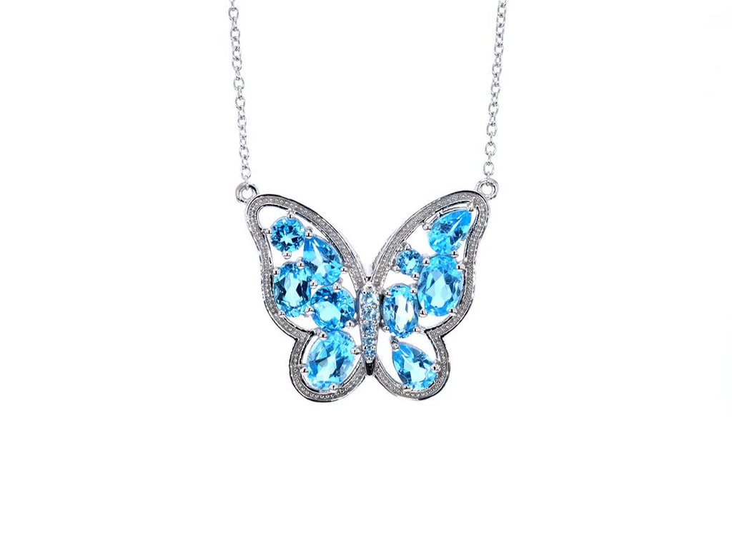 Swiss Blue Topaz Butterfly Necklace 5.4 Carats Sterling Silver
