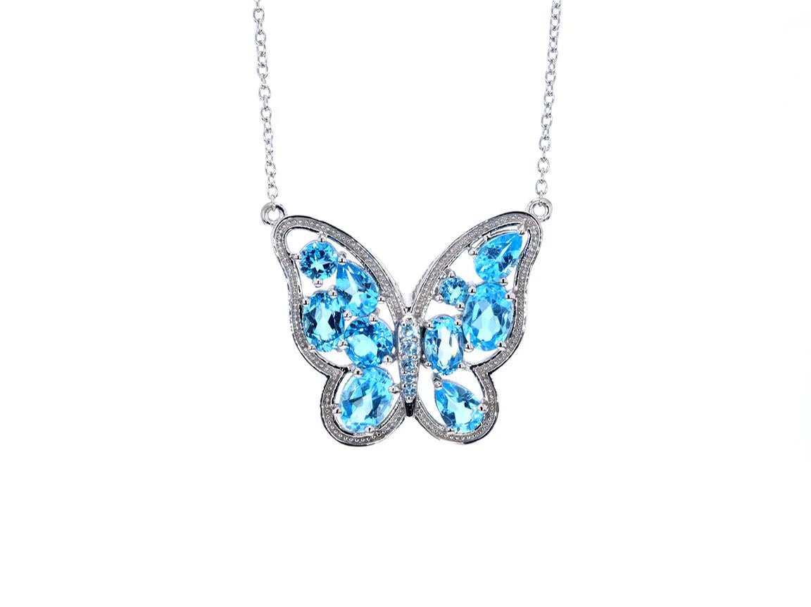 Swiss Blue Topaz Butterfly Necklace 5.4 Carats Sterling Silver