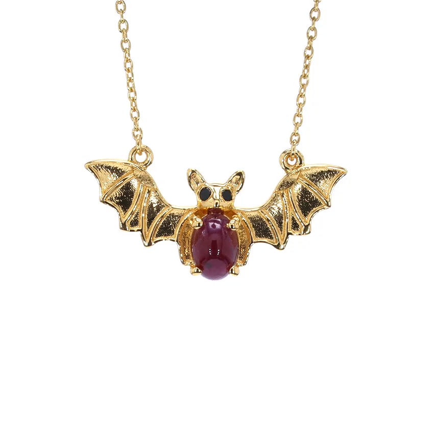 Ruby Bat Necklace With Black Spinel 1.16 Carats Gold Plated Silver