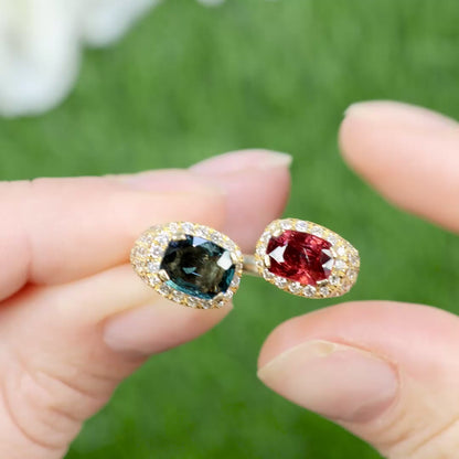 Blue and Red Spinel Bypass Ring Diamond Setting 4 Carats 18K Gold