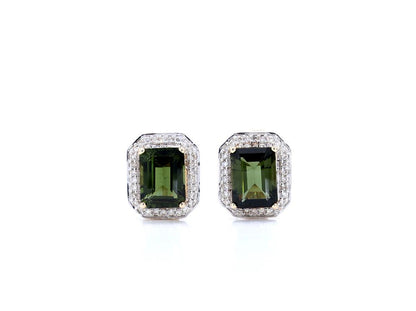 Green Tourmaline Stud Earrings Diamond Halo 3.55 Carats 14K Yellow Gold